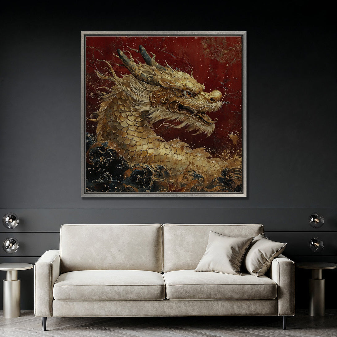 Framed Wall Art: Golden dragon canvas print in a modern interior. Features a red, gold, and black color palette. Add a touch of luxury to your home!