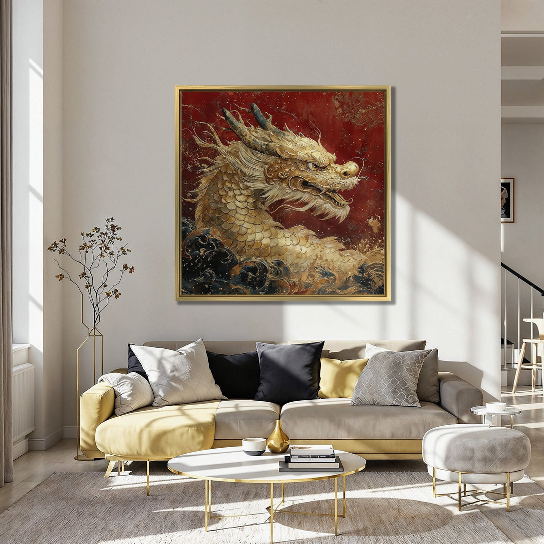 Canvas Print of a golden dragon artwork in a luxurious interior. Features a red and gold color palette, perfect for adding a touch of elegance.