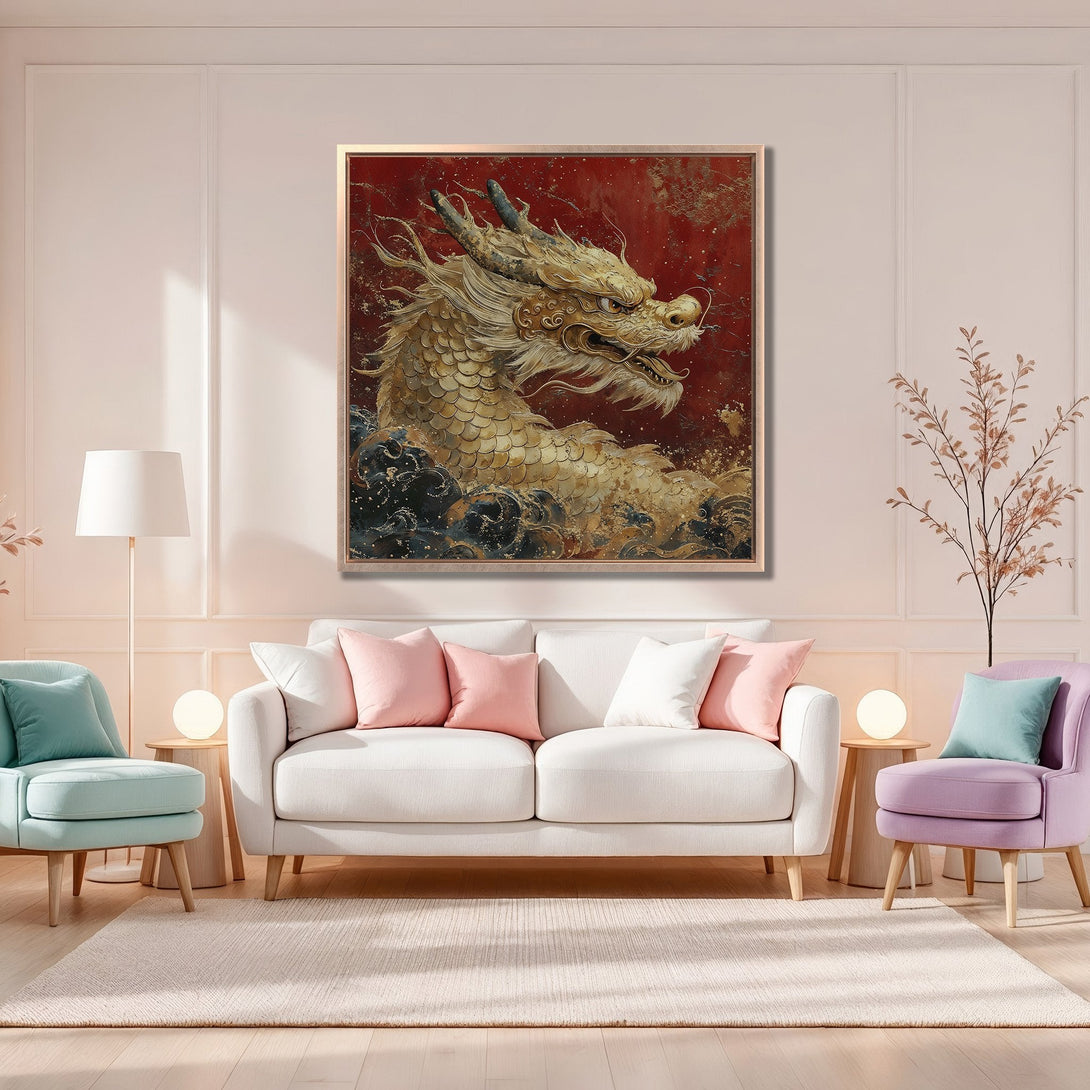 Framed Wall Art: Golden dragon canvas print in a modern interior. Features a red and gold color palette, perfect for adding a touch of elegance.