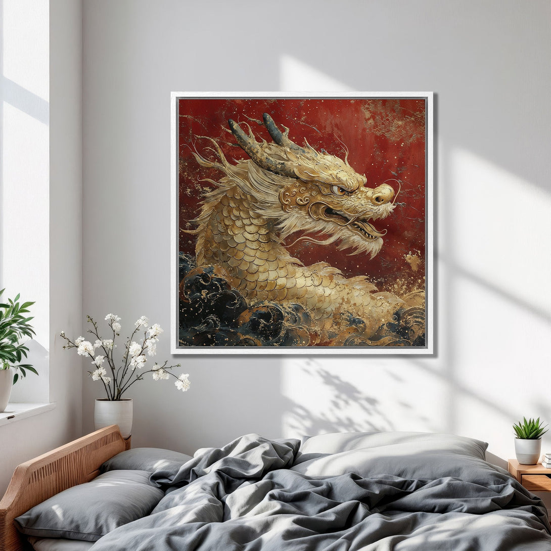 Framed Wall Art: Majestic golden dragon canvas print with a red and gold color palette, perfect for adding a touch of luxury to your home decor.