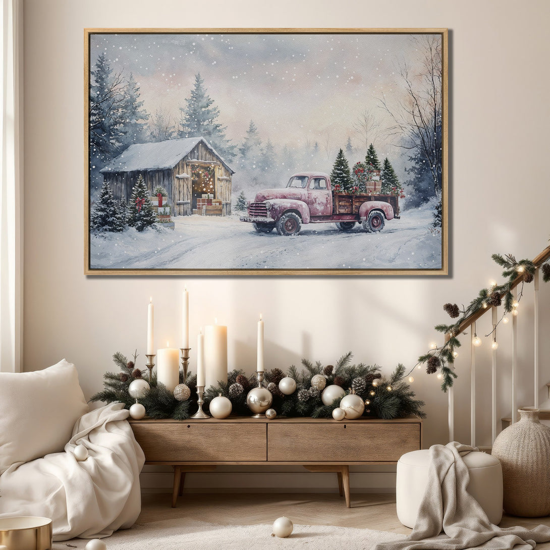 Framed Wall Art: Watercolor winter scene with red truck, snowy barn, and Christmas trees. Soft blues, greens, and reds create a cozy, festive atmosphere. Perfect holiday decor.