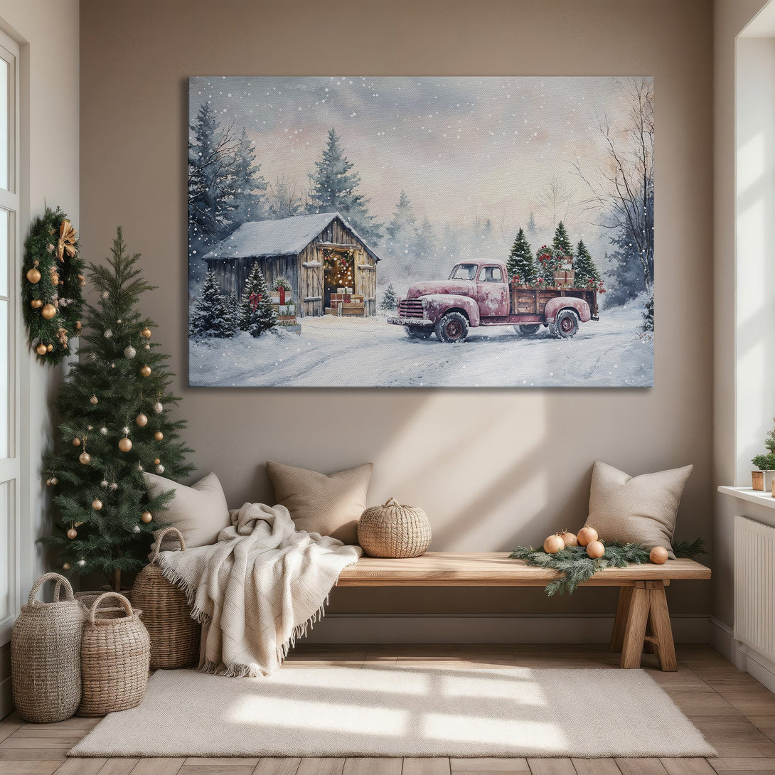 Framed Wall Art: Watercolor winter scene with red truck, snow, & barn. Warm, inviting color palette. Perfect Christmas decor.