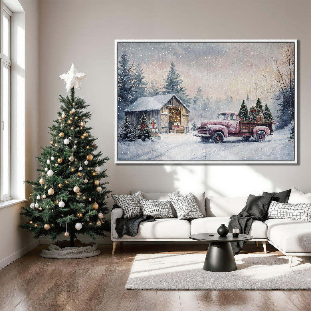 Framed Wall Art: Watercolor winter scene with red truck, snowy landscape, and barn. Warm, inviting colors perfect for holiday decor. Enhance your living room!
