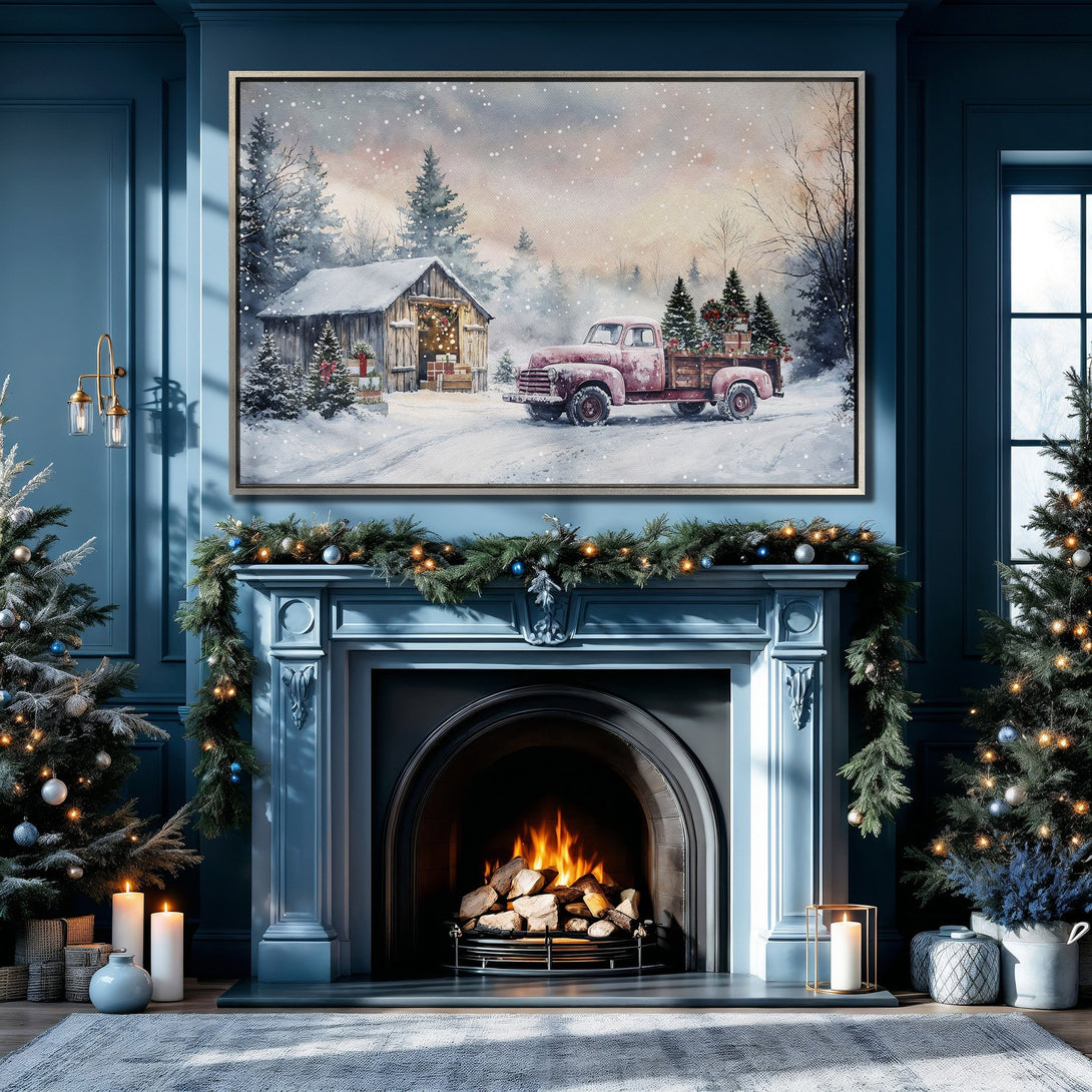 Framed Wall Art: Rustic Christmas scene with red truck & snowy landscape. Watercolor style with blue, red, and white color palette. Perfect holiday decor!
