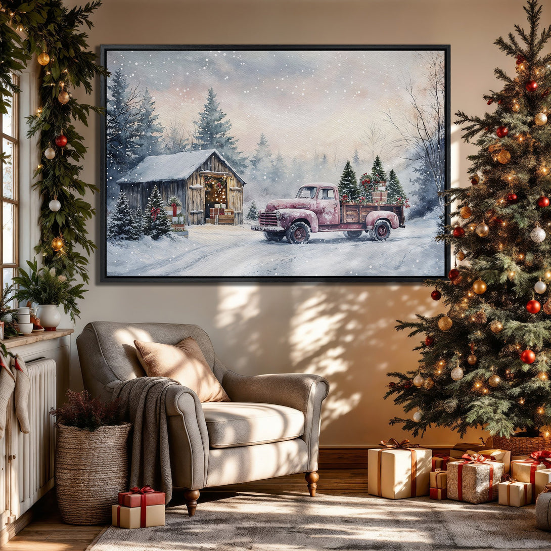 Framed Wall Art: Watercolor winter scene with red truck, snowy landscape, and warm neutral tones. Perfect Christmas decor for a cozy home.