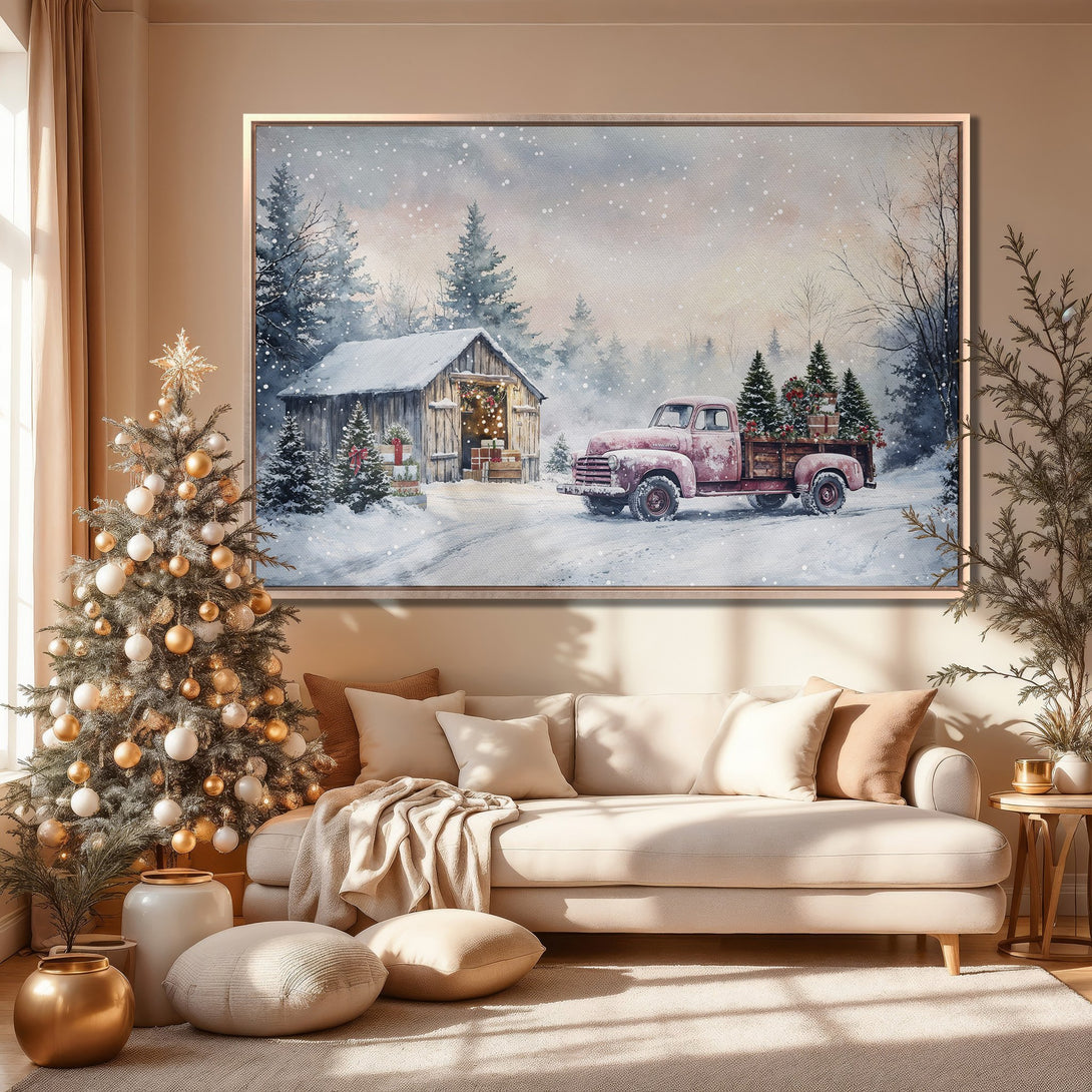 Framed Wall Art: Winter scene with red truck & Christmas trees. Watercolor style, warm neutral palette. Perfect holiday decor for your home.