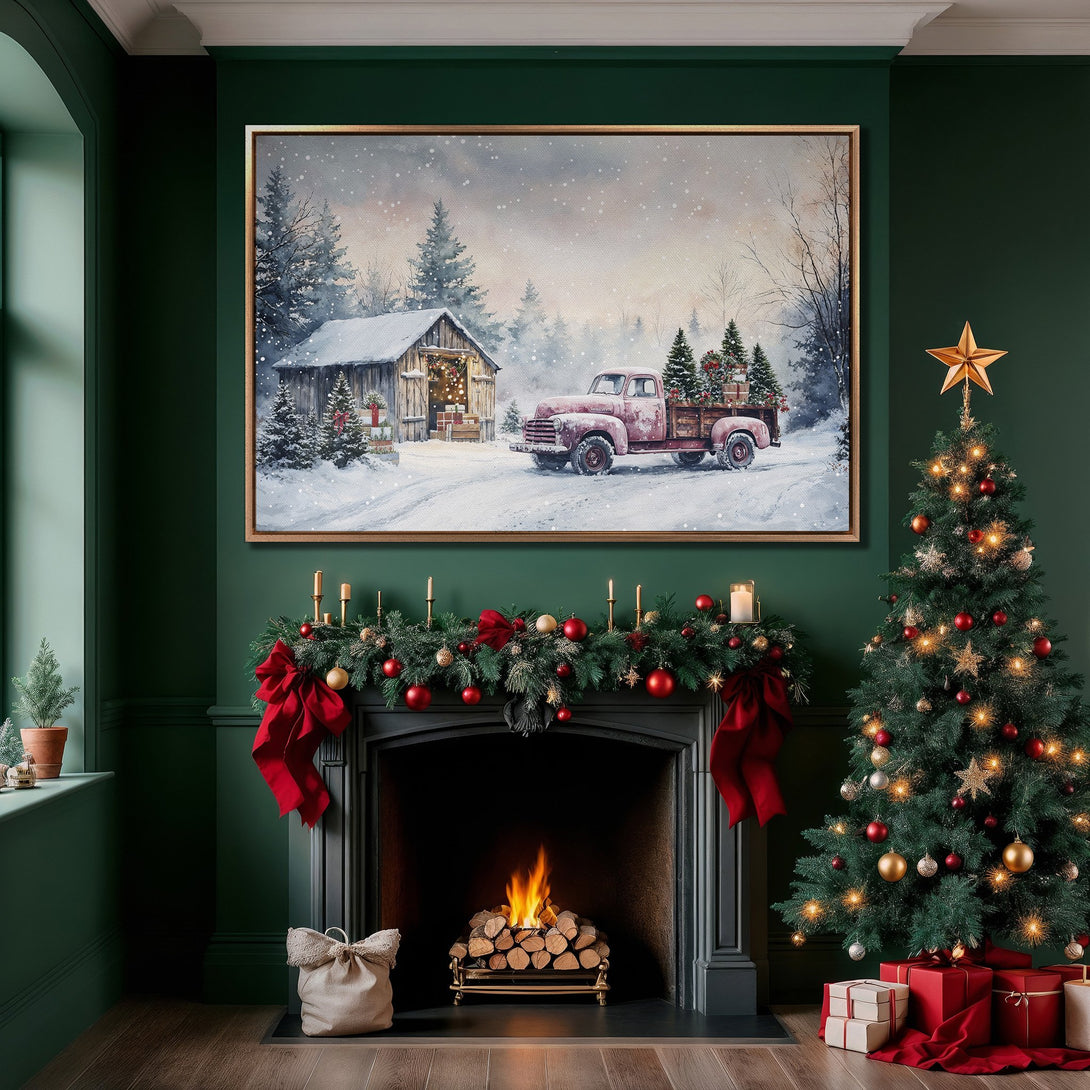 Framed Wall Art featuring a vintage red truck in a snowy winter scene. Watercolor style with a muted, cool color palette. Perfect holiday decor!