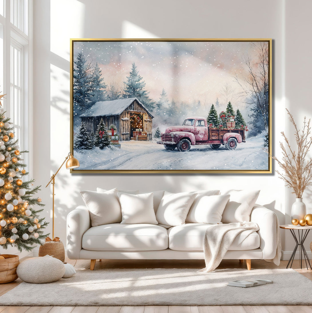 Canvas Print of a vintage red truck in a snowy winter scene. Warm, neutral color palette. Perfect Christmas decor!