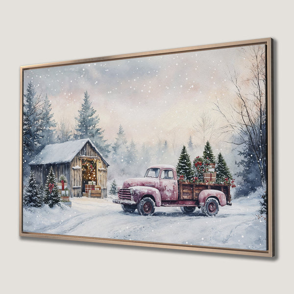 Framed Wall Art: Winter scene with red truck, snowy landscape, & cabin. Watercolor style with muted blue, red, & white palette. Perfect holiday decor!