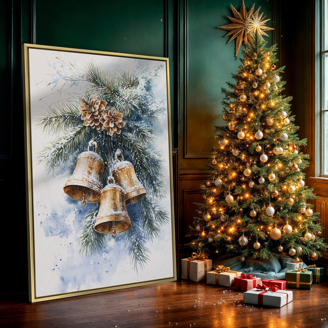 Canvas Print: Watercolor Christmas bells art in gold and blue, perfect winter decor. Festive and elegant wall art for your home.