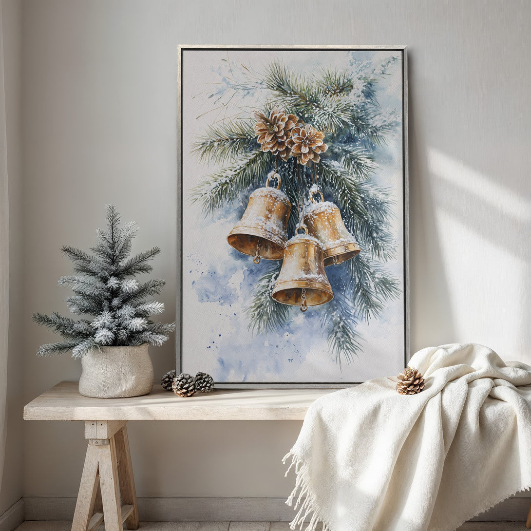 Framed Wall Art: Watercolor Christmas bells on snowy pine. Soft blue, green, and gold palette. Perfect holiday decor for a cozy, inviting home.