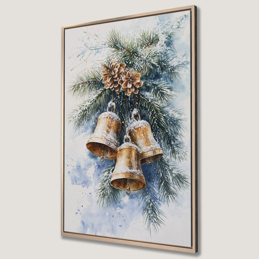 Framed Wall Art: Watercolor Christmas bells and pine branches in a serene blue, green, and gold palette. Perfect holiday decor for your home.