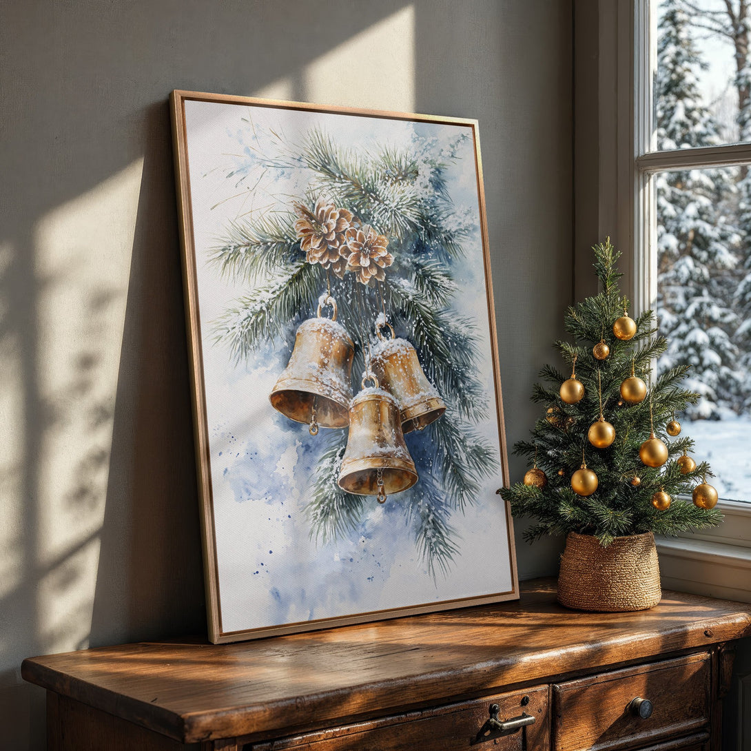 Framed Wall Art featuring watercolor Christmas bells and pine. Blue, gold, and green color palette. Perfect holiday decor for your home.