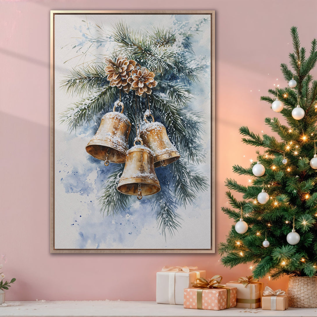 Framed Wall Art: Watercolor Christmas bells on snowy branches. Warm, inviting colors perfect for holiday decor. Add festive cheer to your home!