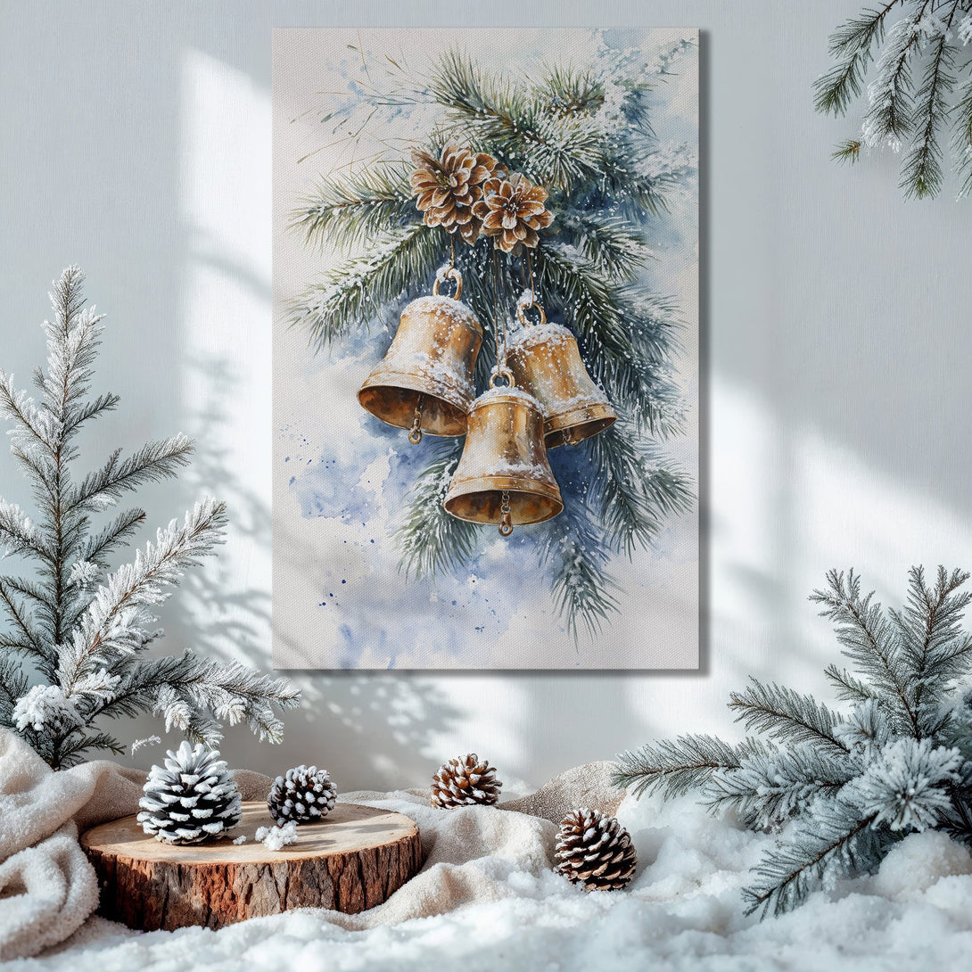 Framed Wall Art: Watercolor Christmas bells on canvas. Wintery blue, green, and gold palette. Perfect holiday decor for your home.
