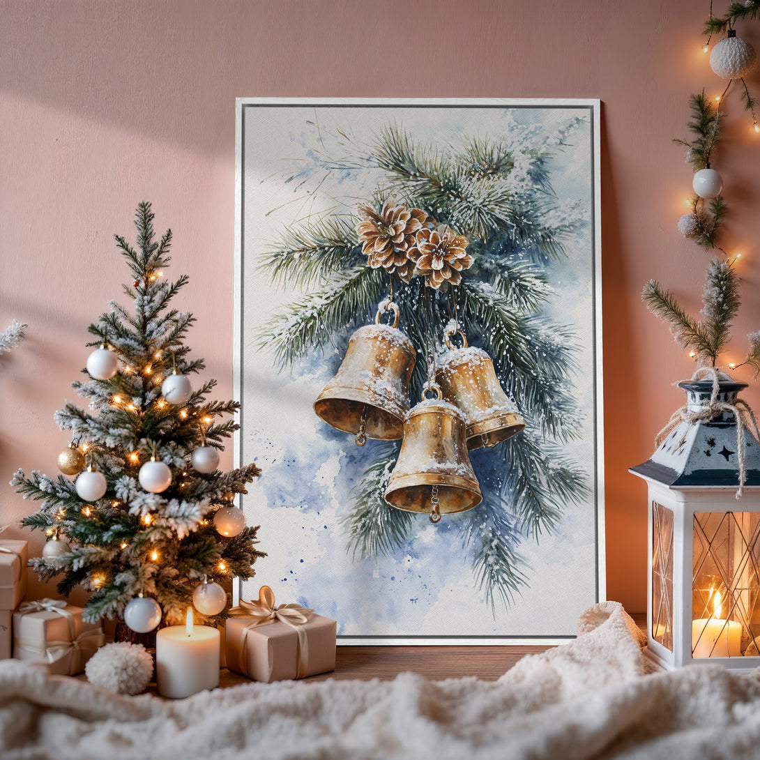 Framed Wall Art: Watercolor Christmas bells on a snowy pine branch. Soft blues, greens, and golds create a cozy, festive atmosphere. Perfect holiday decor!
