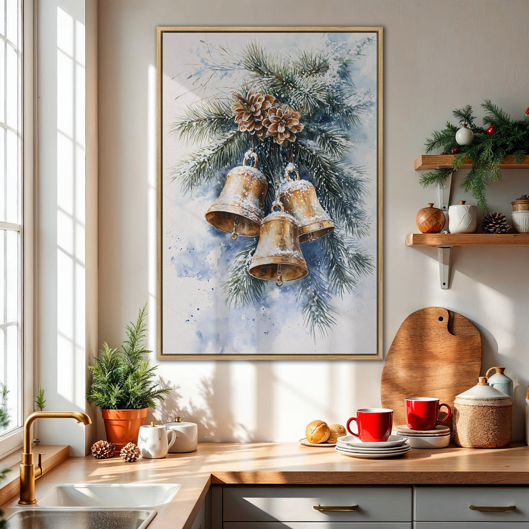 Framed Wall Art: Watercolor Christmas bells with pine branches, warm gold and blue tones for festive home decor.