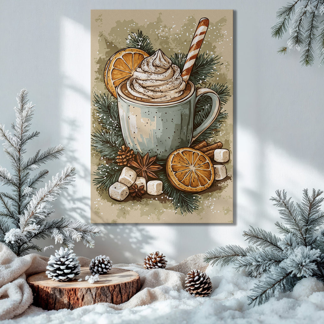 Framed Wall Art: Cozy winter illustration of hot chocolate with orange slices, in a warm, inviting color palette. Perfect for holiday decor!