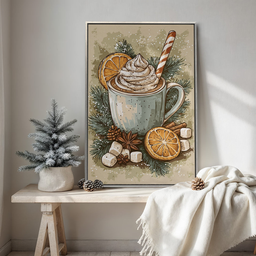 Framed Wall Art: Cozy winter scene with a hot chocolate illustration in a warm, neutral color palette. Perfect for seasonal home decor!