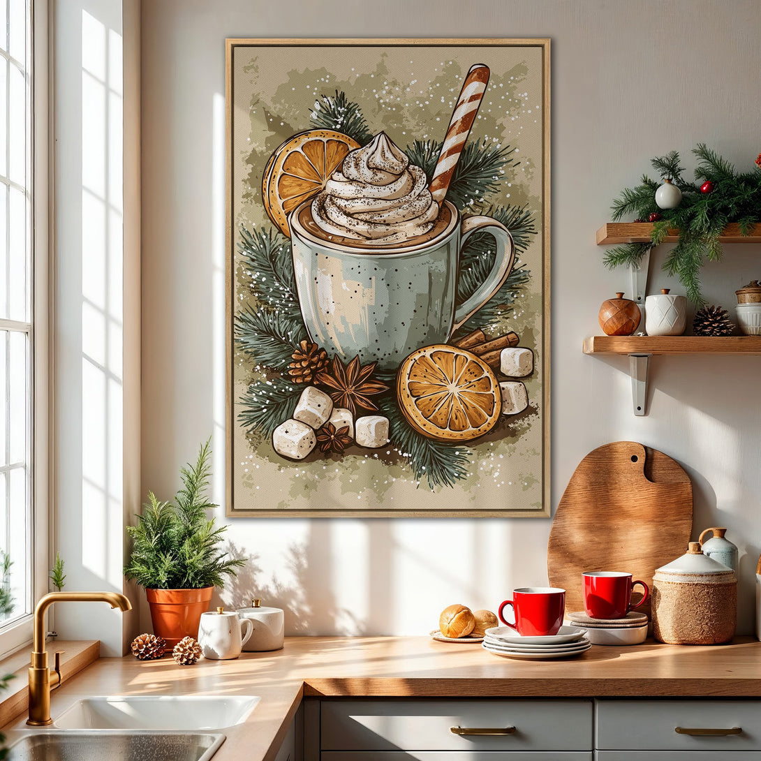 Framed Wall Art: Cozy winter illustration of hot chocolate with orange slices, cinnamon, and whipped cream. Warm color palette for kitchen decor.