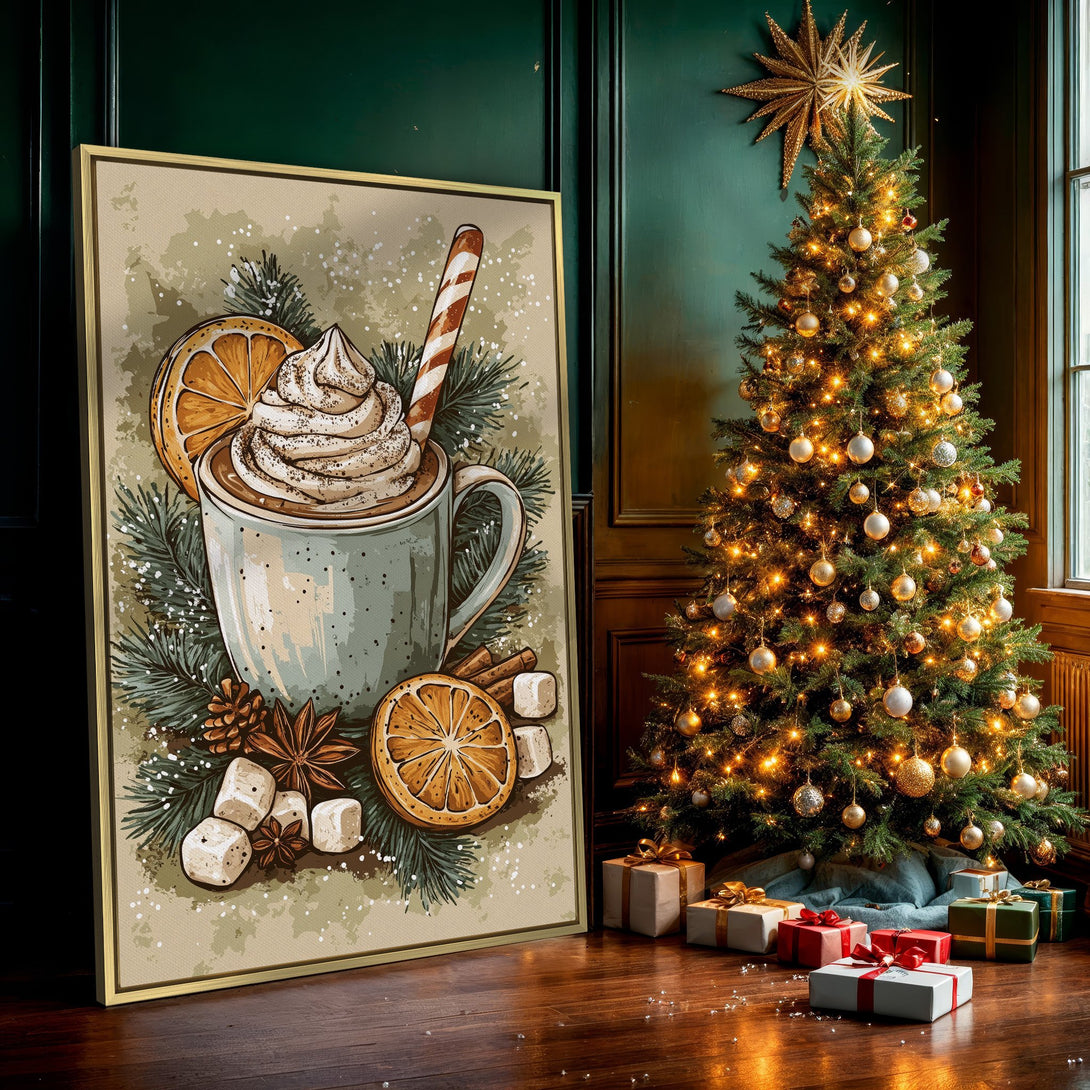 Canvas Print of a cozy winter scene with a hot chocolate, orange slices, and pine needles. Warm, inviting color palette perfect for holiday decor.