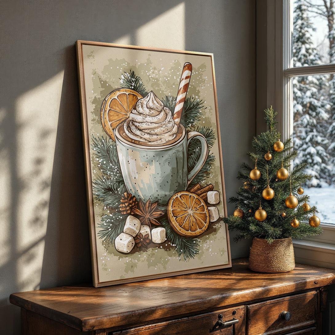 Framed Wall Art: Cozy winter scene with hot cocoa illustration in warm, earthy tones. Perfect for adding a touch of holiday cheer to your home decor.