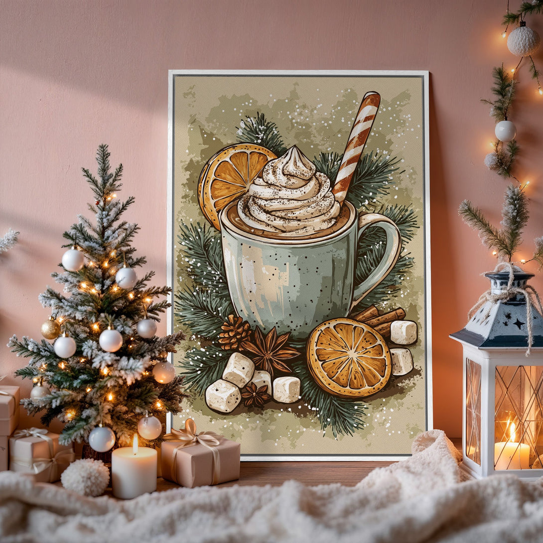 Framed Wall Art: Cozy winter scene with hot cocoa and oranges. Warm, inviting color palette perfect for holiday decor. Shop our Canvas Print collection!