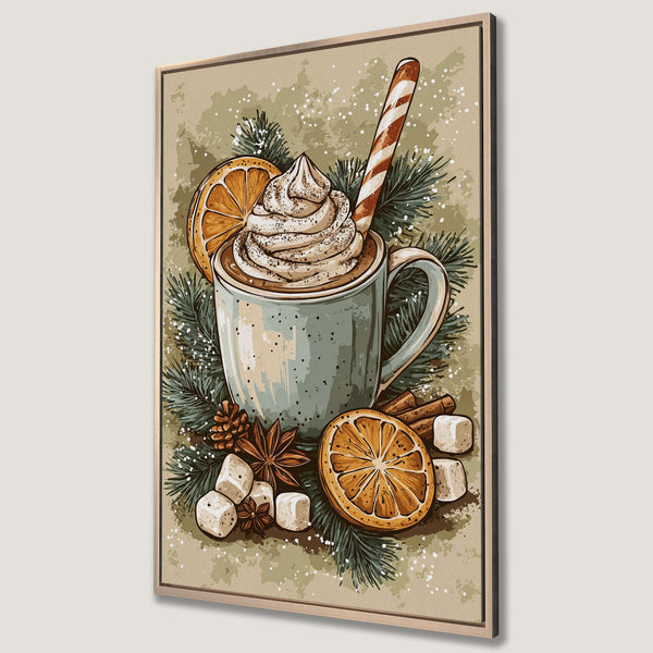 Framed Wall Art featuring a cozy illustration of hot chocolate with whipped cream, oranges, and spices in a warm, inviting color palette. Perfect for holiday decor!