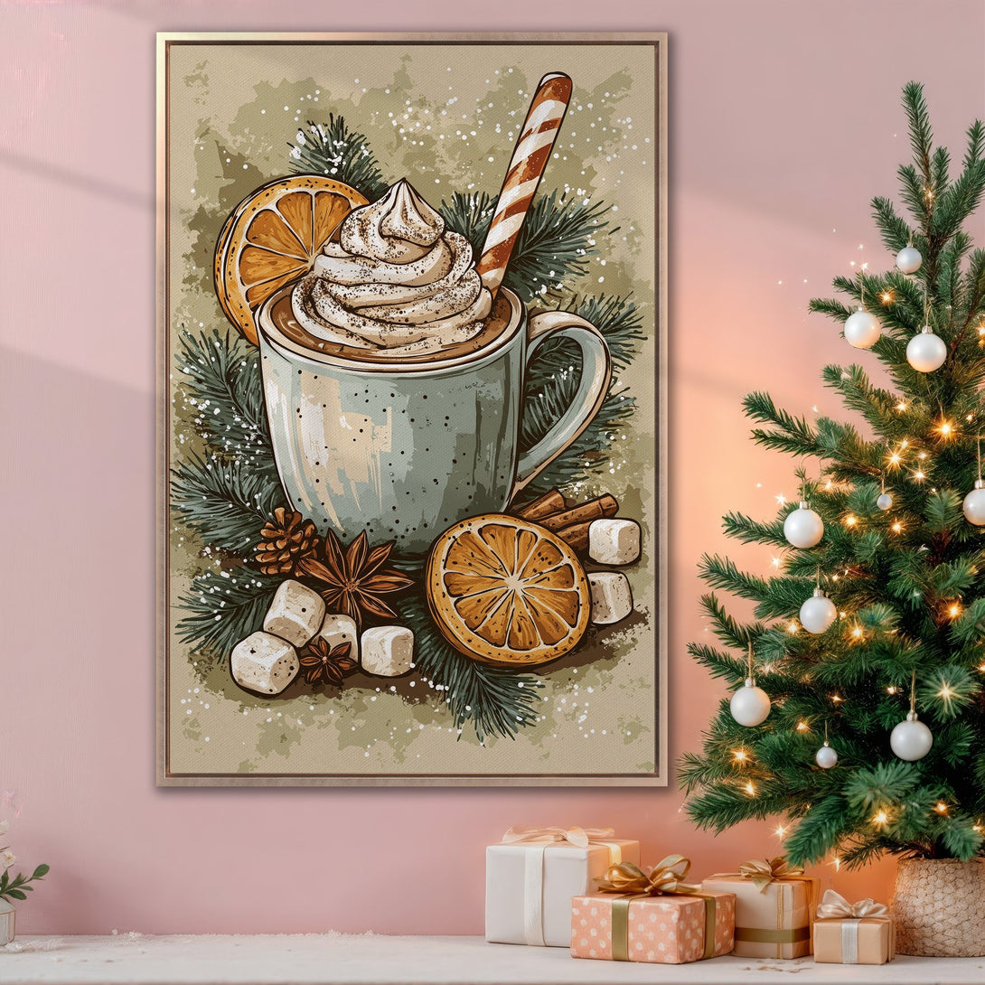 Framed Wall Art featuring a cozy winter illustration of hot cocoa with orange slices, in warm earth tones. Perfect holiday decor!