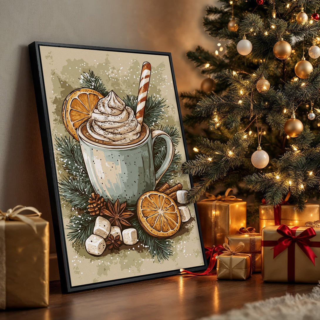 Framed Wall Art: Cozy Christmas illustration of hot cocoa with orange slices, warm tones, and festive decor. Perfect holiday gift!