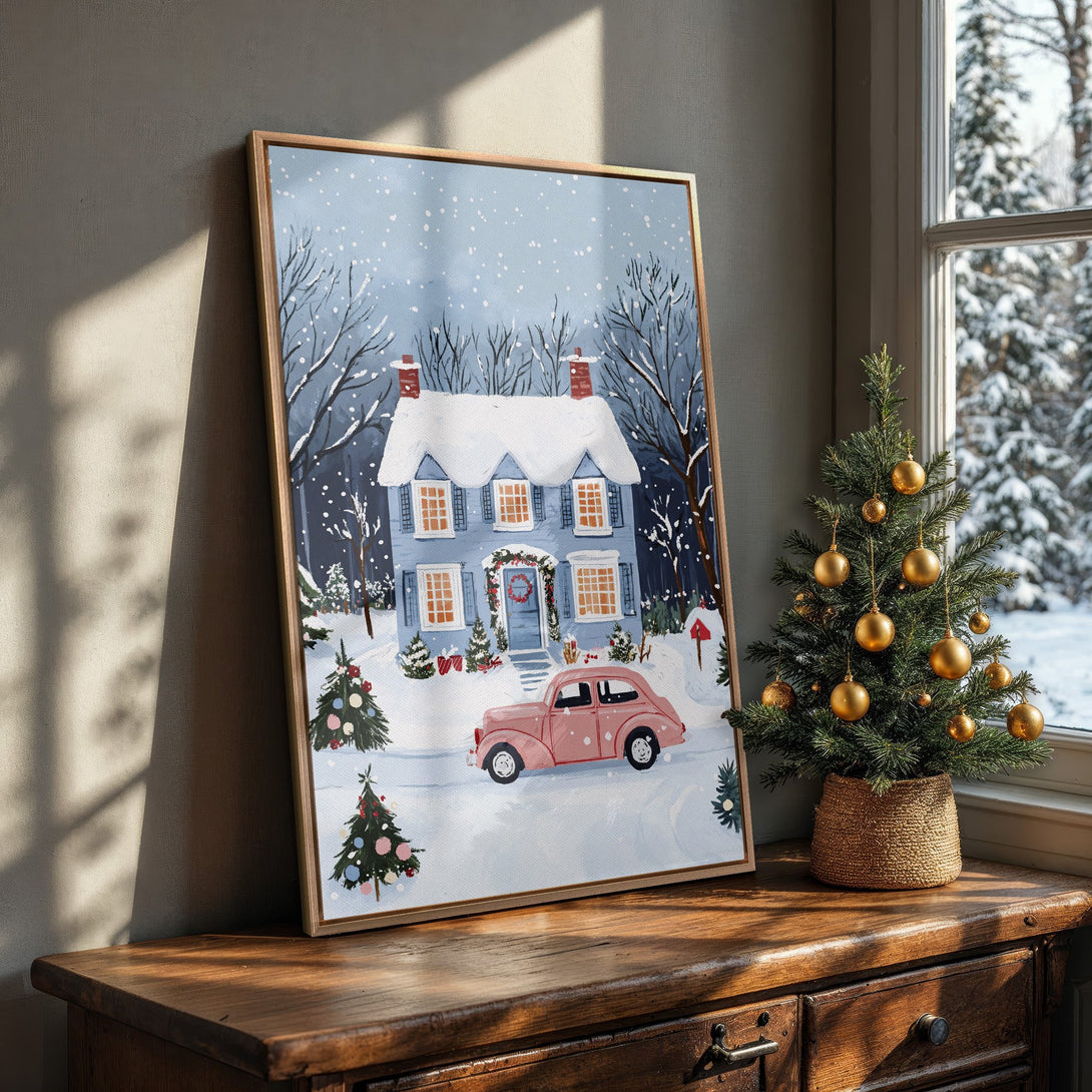 Framed Wall Art: Cozy winter scene Canvas Print featuring a blue house, pink car, and snowy landscape. Warm, inviting color palette. Perfect holiday decor.