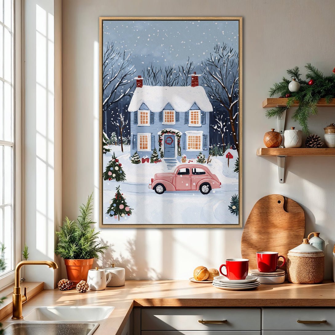 Framed Wall Art: Cozy winter scene with a blue house and pink car, painted in a whimsical style. Soft blue and white color palette, perfect for holiday decor.