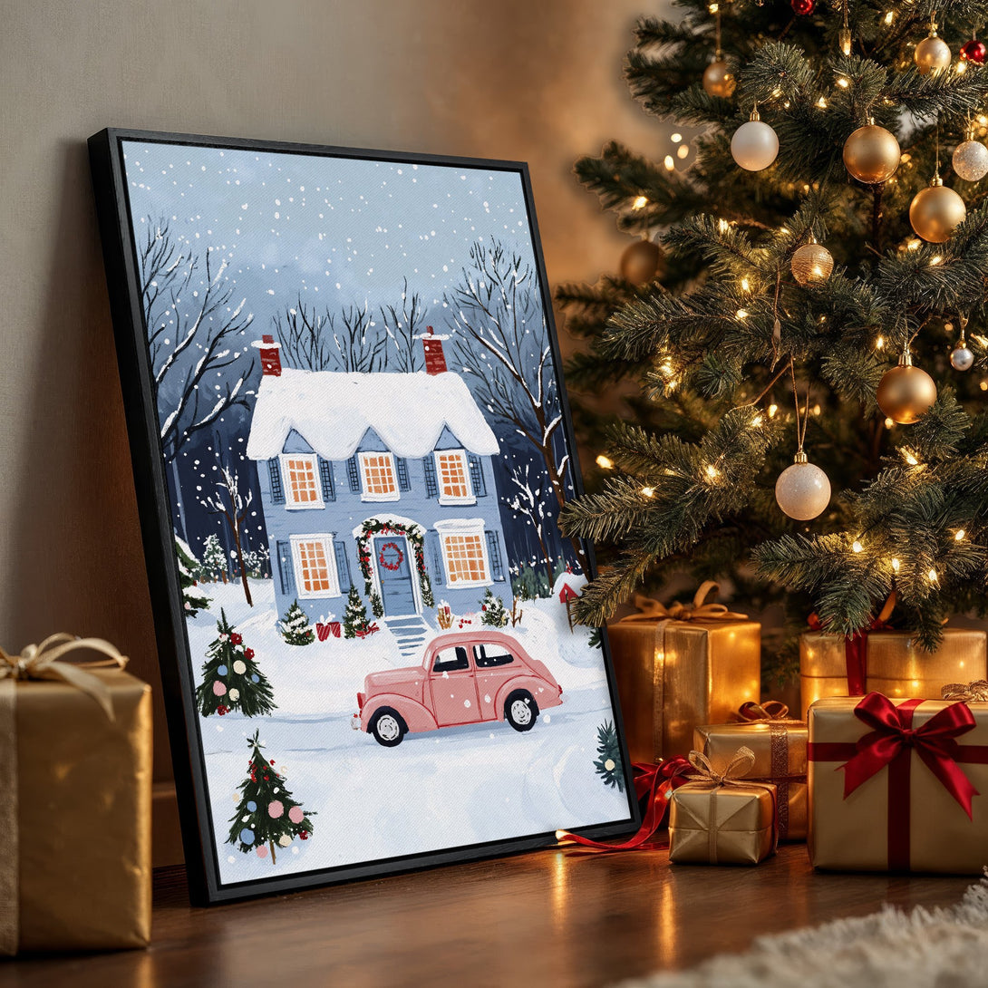 Framed Wall Art featuring a charming winter scene with a house and pink car. Soft blue and white color palette creates a cozy, festive aesthetic. Perfect holiday decor!