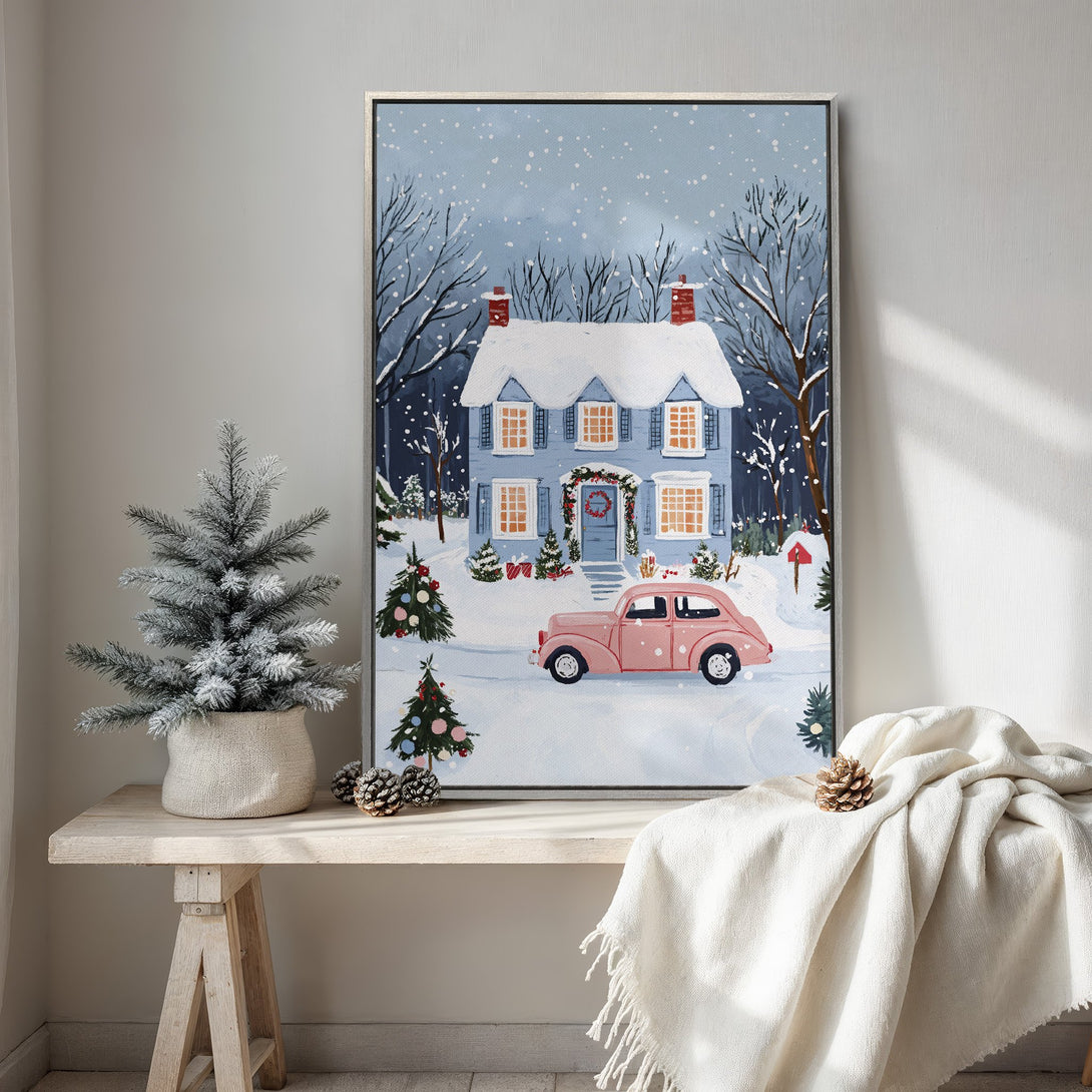 Framed Wall Art of a charming winter scene with a blue house and pink car. Soft, painterly style with a cool blue and pink color palette. Perfect holiday decor.