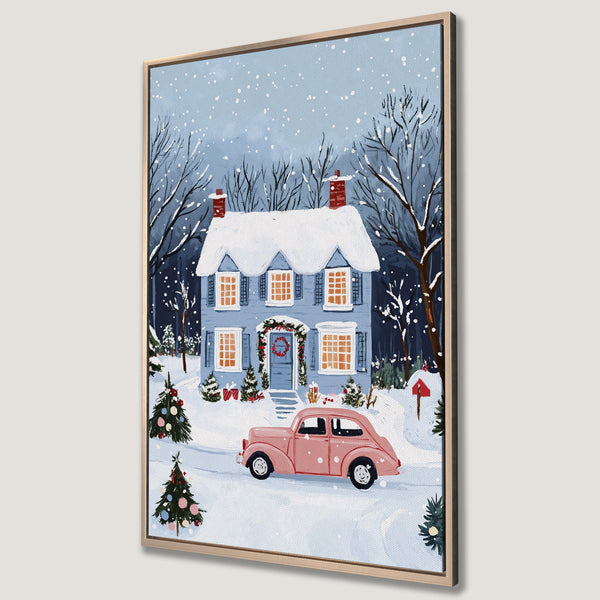 Framed Wall Art: Winter scene canvas print of a blue house, pink car, and snowy landscape. Cozy, whimsical style with a blue and pink color palette. Perfect holiday decor.