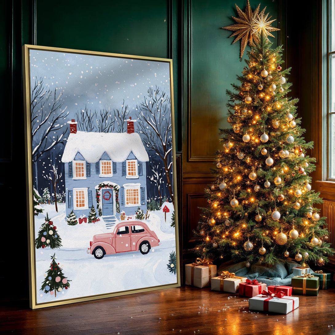 Canvas Print: Cozy winter scene with a blue house, pink car, and snowy landscape. Charming, whimsical art in cool blue & pink tones. Perfect holiday decor!