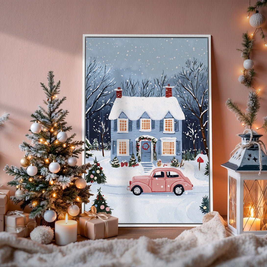 Framed Wall Art: Winter scene Canvas Print with a blue house, pink car, and snowy landscape. Soft, pastel color palette for cozy holiday decor.