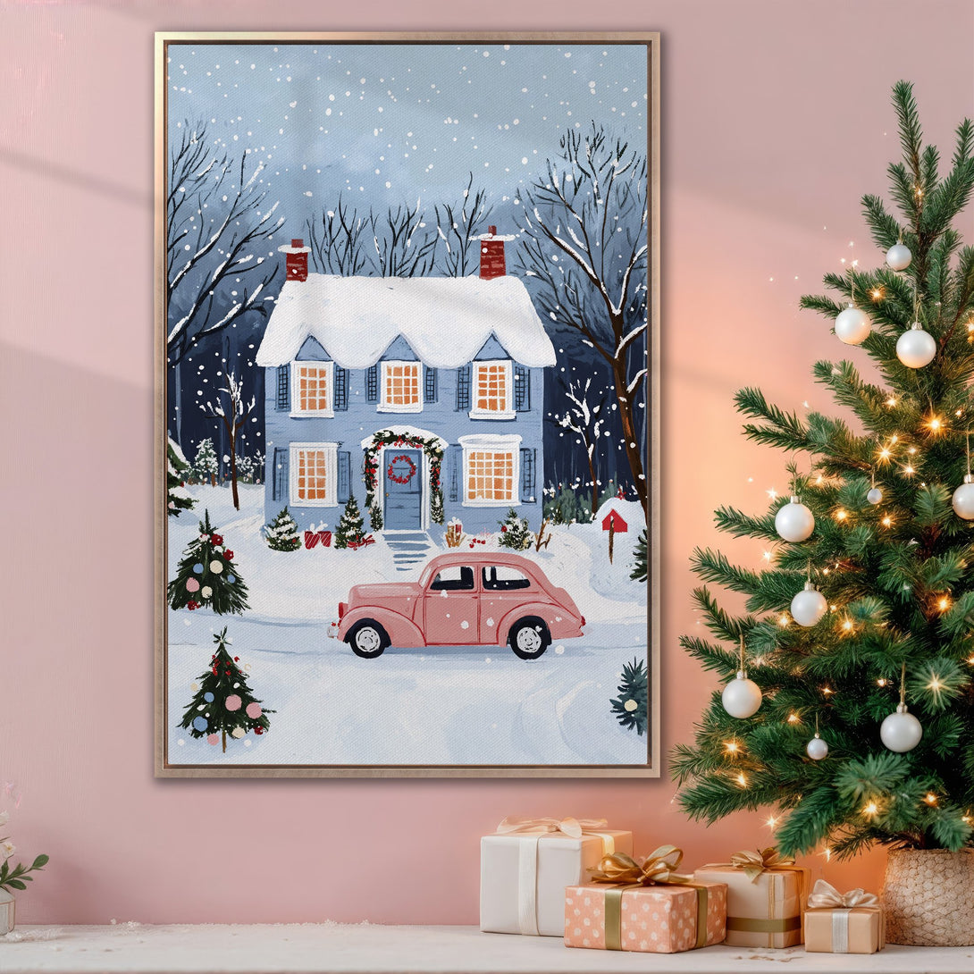 Framed Wall Art featuring a charming winter scene with a blue house, pink car, and snowy landscape. Soft blue and pink color palette, perfect for holiday decor.