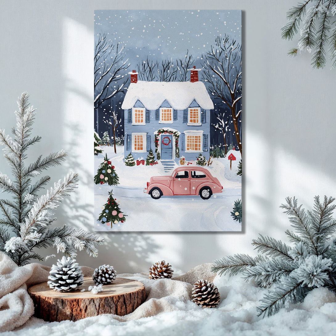 Framed Wall Art: Winter scene Canvas Print with a blue house, pink car, and snowy landscape. Cozy holiday decor in a soft, pastel color palette.