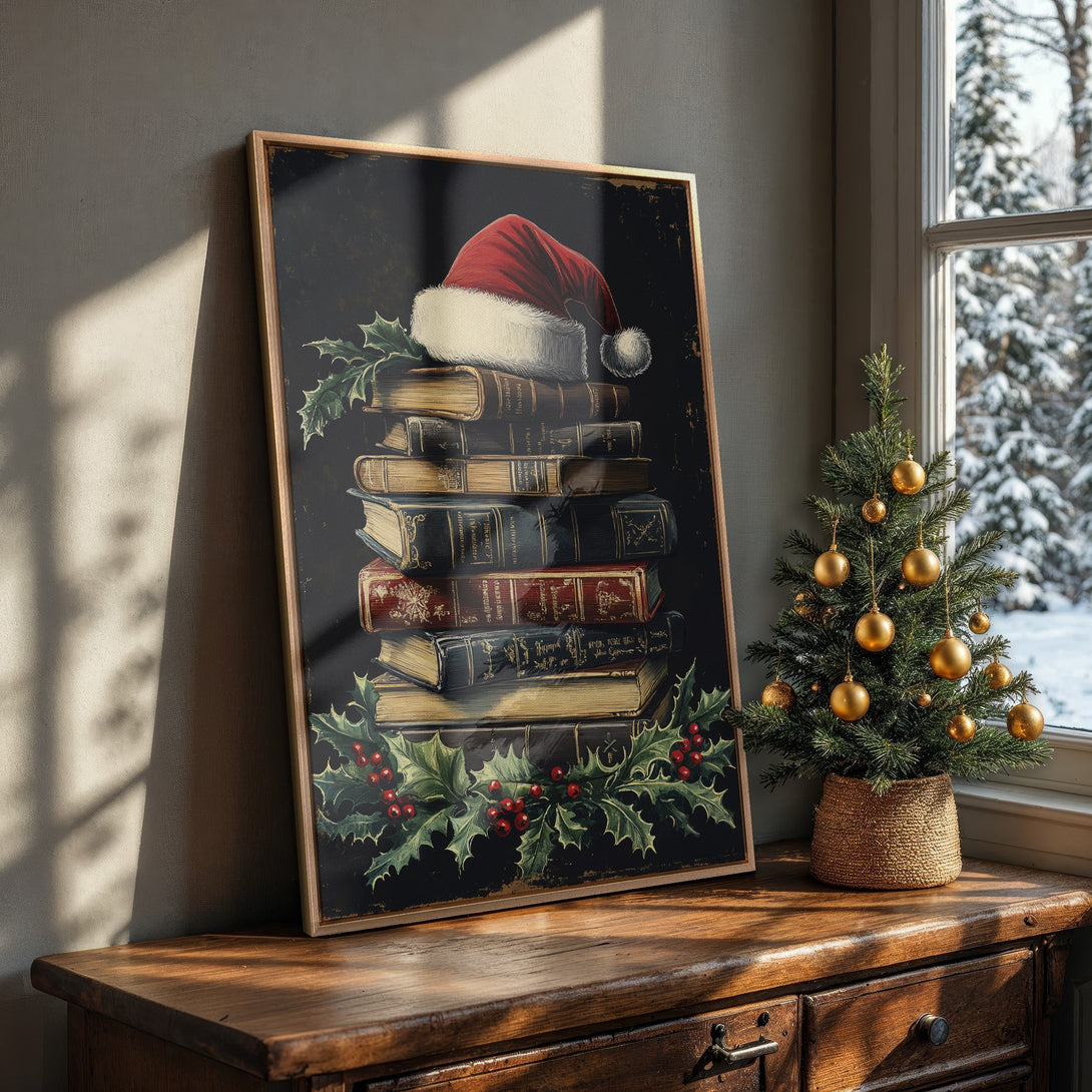 Framed Wall Art: Vintage Christmas scene with Santa hat on books, holly, and red berries. Rustic style with warm, dark tones. Perfect holiday decor!
