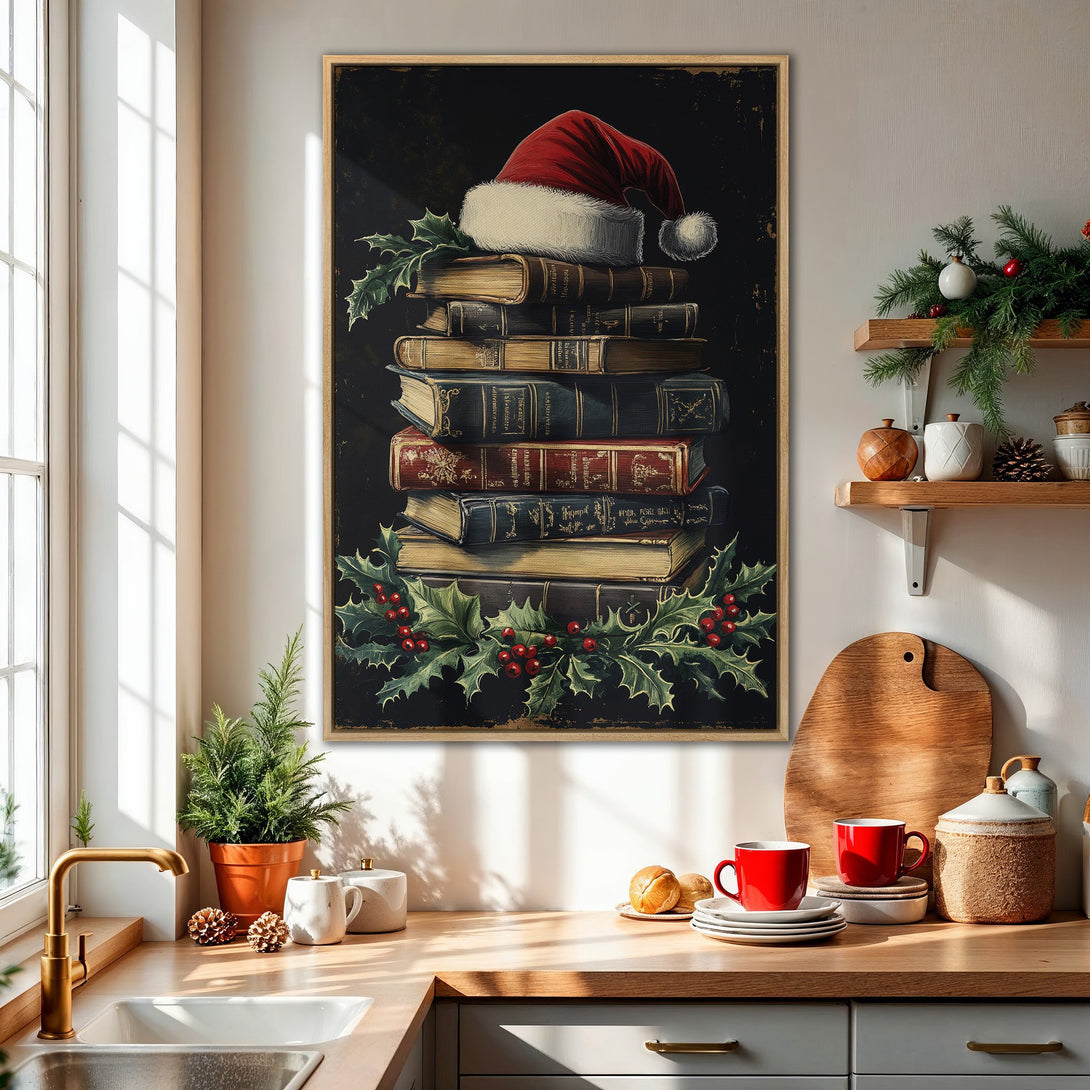 Framed Wall Art featuring a festive Christmas still life with books, holly, and a Santa hat. Warm, inviting colors with a vintage aesthetic. Perfect holiday decor.