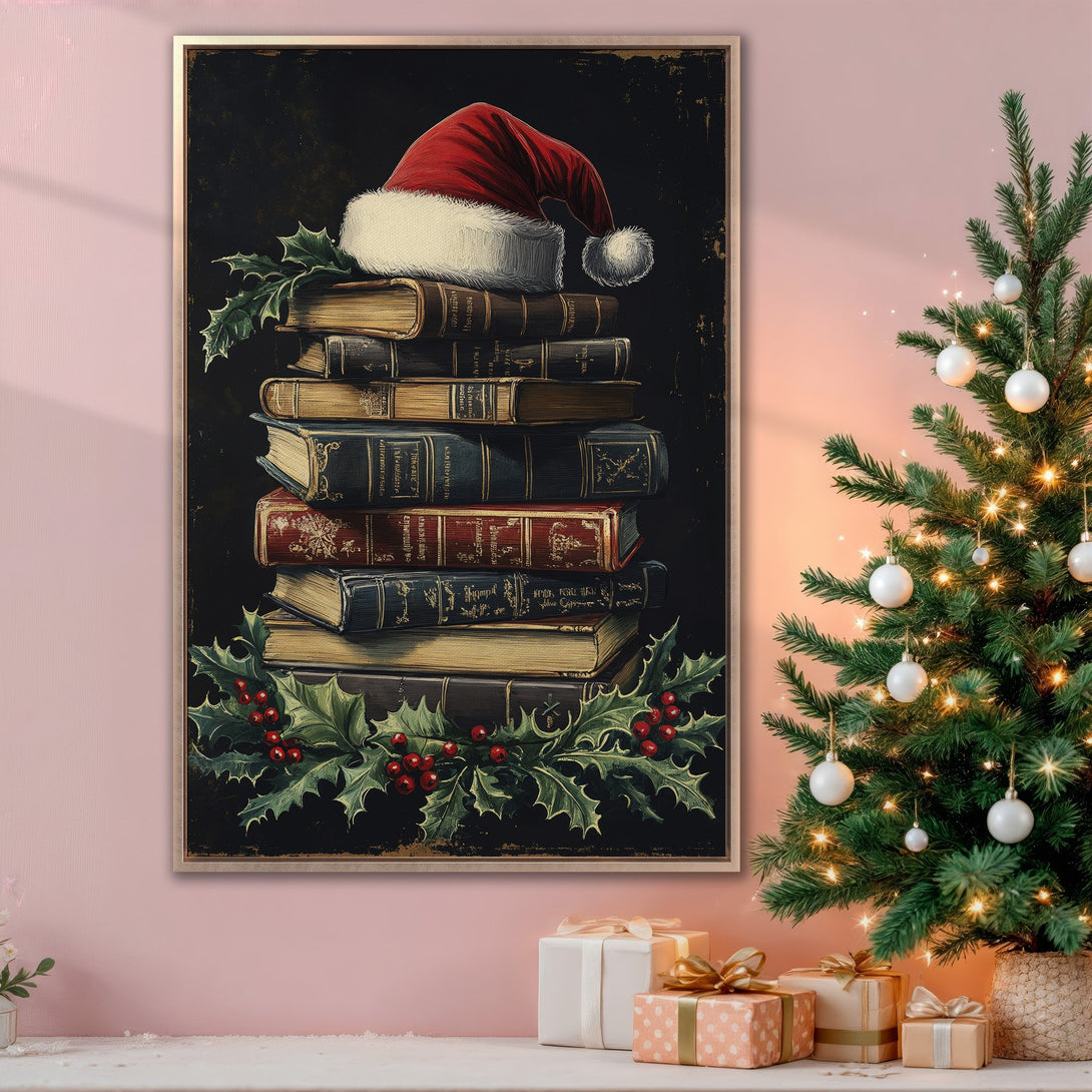 Framed Wall Art Canvas Print: Festive Christmas decor featuring books, Santa hat, and holly, with a warm, vintage color palette. Perfect holiday gift!