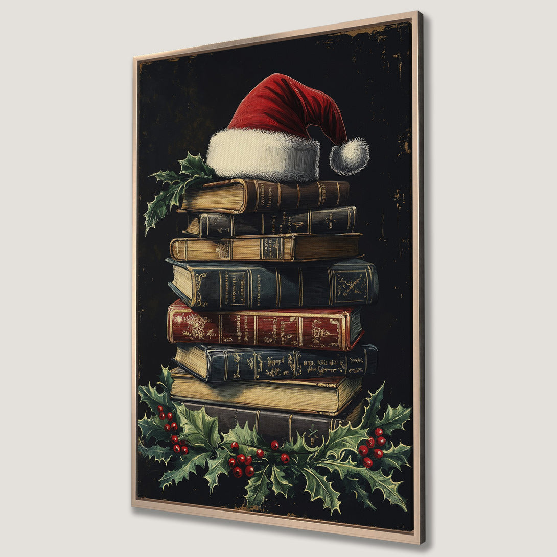 Framed Wall Art featuring a stack of vintage books topped with a Santa hat, holly, and berries. Warm, rich color palette with a classic, festive style.