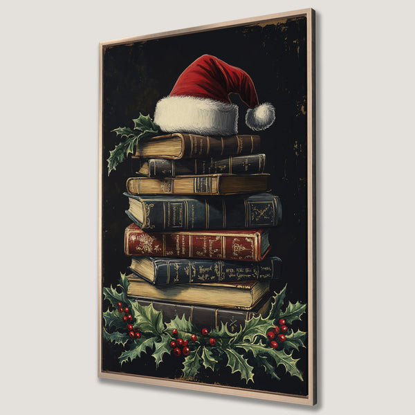 Framed Wall Art featuring a stack of vintage books topped with a Santa hat, holly, and berries. Warm, rich color palette with a classic, festive style.