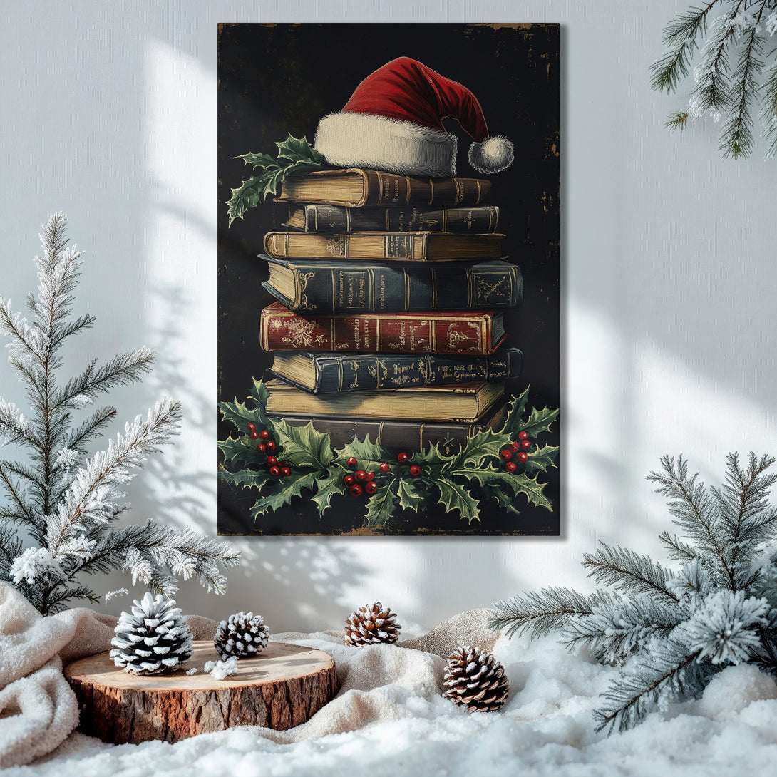 Framed Wall Art: Vintage Christmas scene with books and Santa hat. Rich colors, perfect for holiday decor. Add warmth to your home!