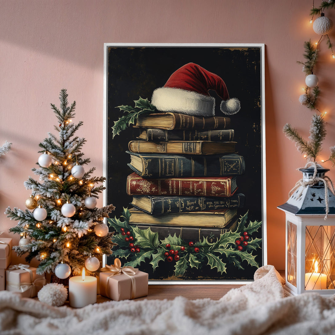 Framed Wall Art featuring a stack of vintage books with a Santa hat, holly, and a black background. Cozy, warm color palette perfect for Christmas decor.