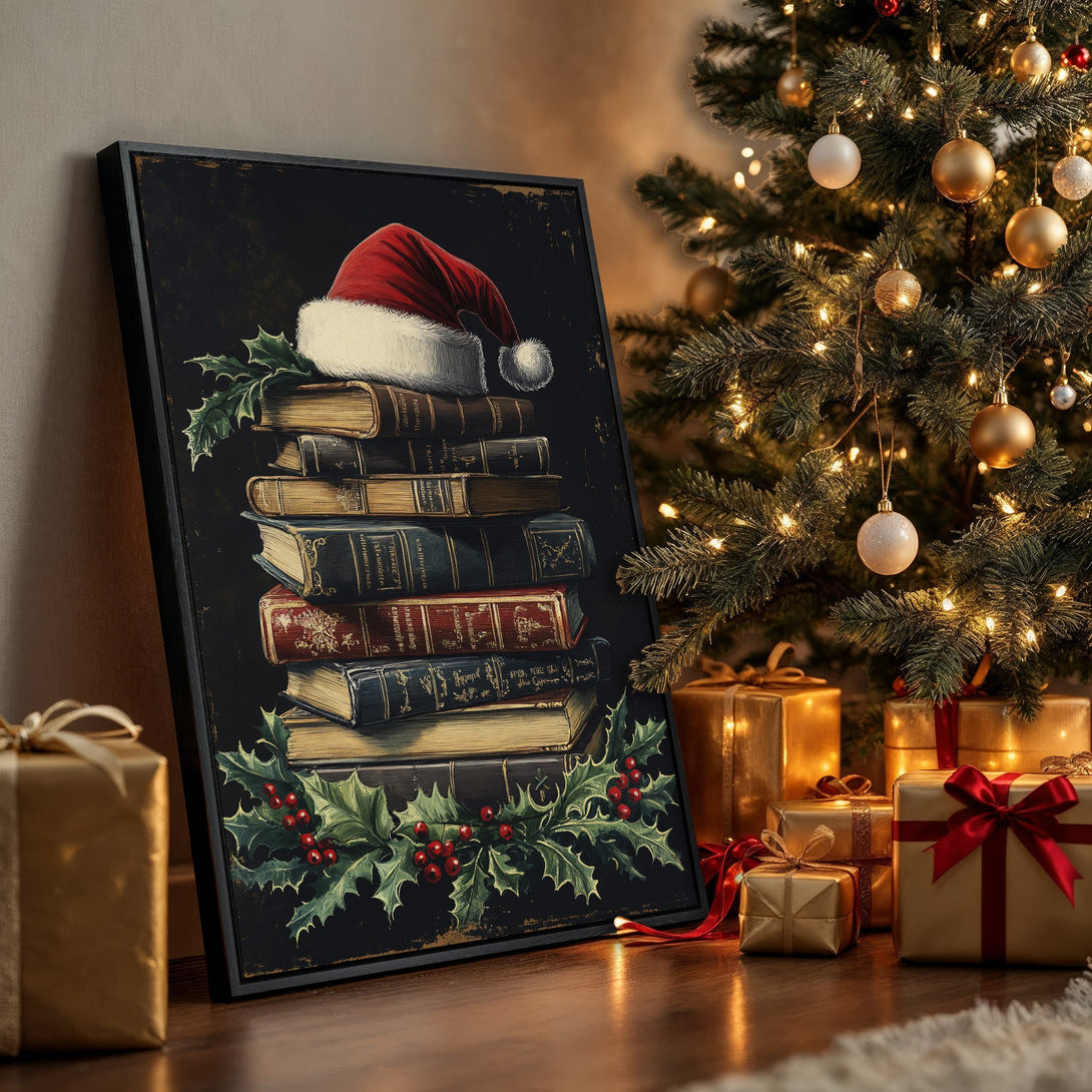 Framed Wall Art: Festive Christmas scene with books, Santa hat, and holly. Rich, warm color palette with black, red, and gold. Perfect holiday decor.