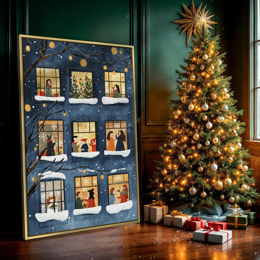 Canvas Print: Whimsical winter scene with a blue building, warm yellow lights, and cozy illustrations. Perfect for holiday decor!