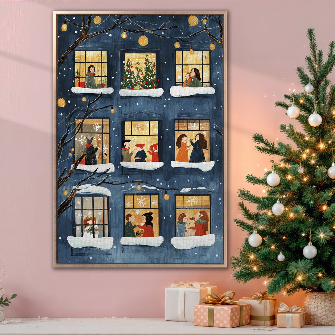 Framed Wall Art: Cozy winter scene with a blue building, warm yellow lights, and people in windows. Perfect for holiday decor!