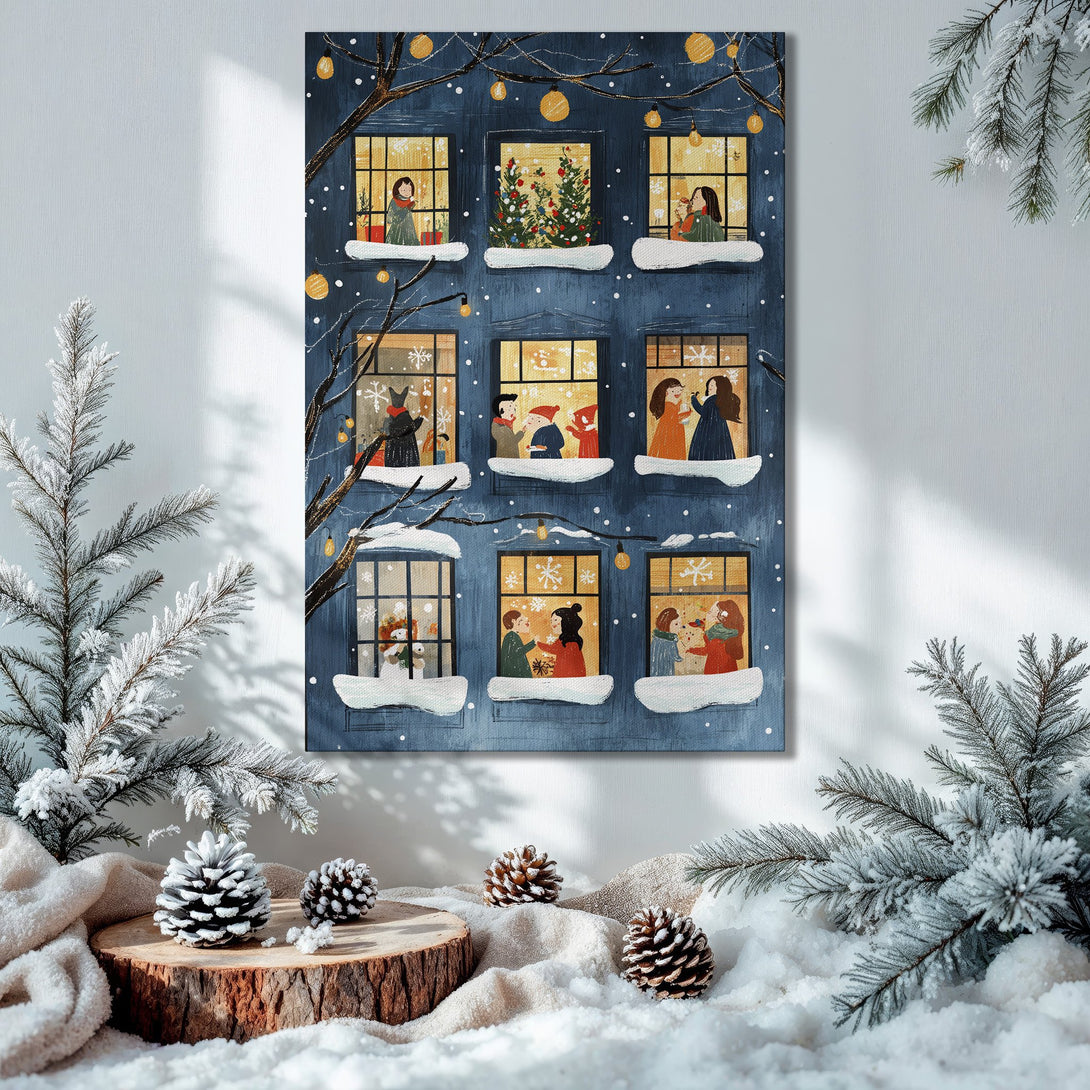 Framed Wall Art: Cozy Christmas scene in blue, gold, and warm tones. Winter illustration Canvas Print with festive holiday decor.